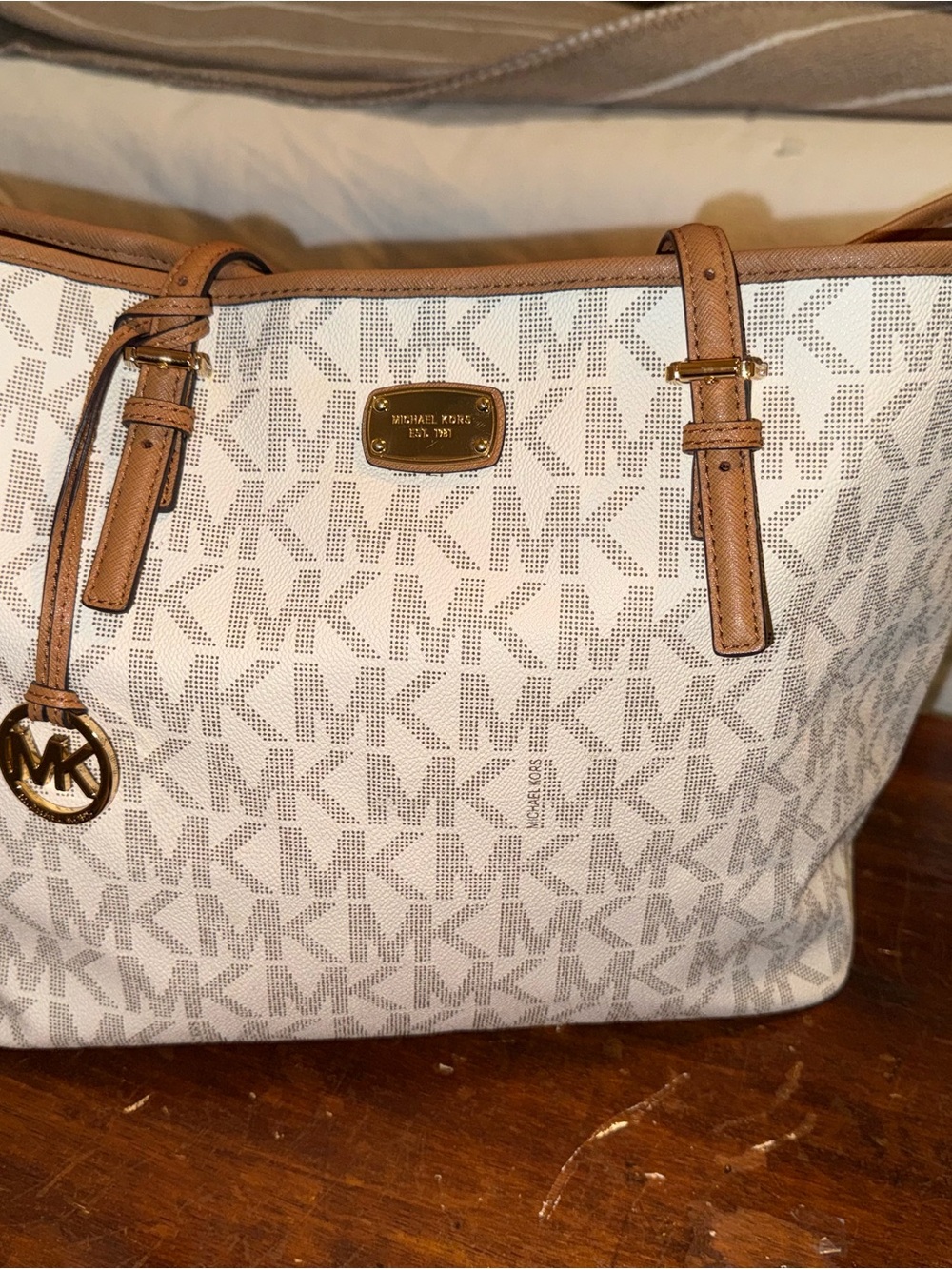 Michael Kors White and Tan Logo Tote